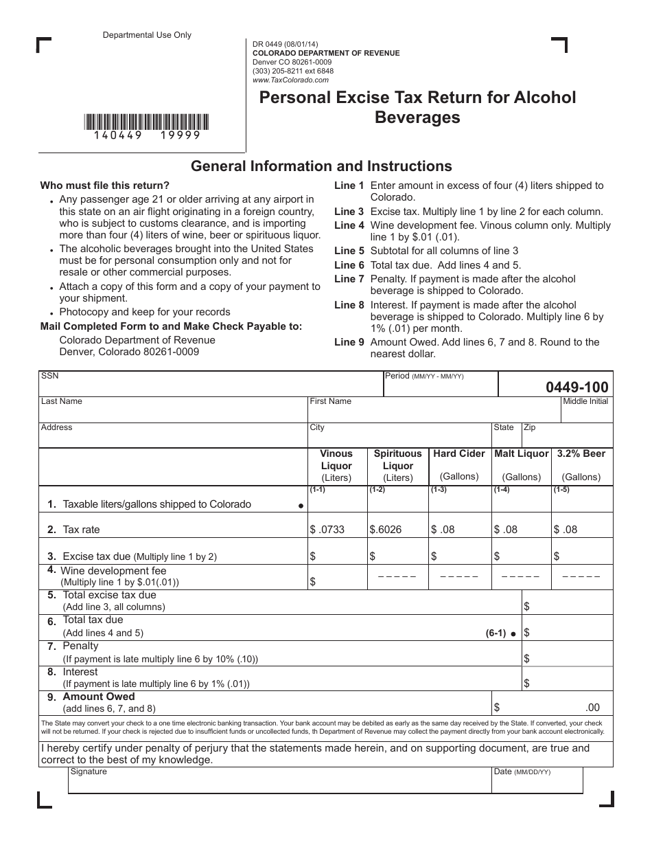 Form DR0449 Download Fillable PDF or Fill Online Personal Excise Tax
