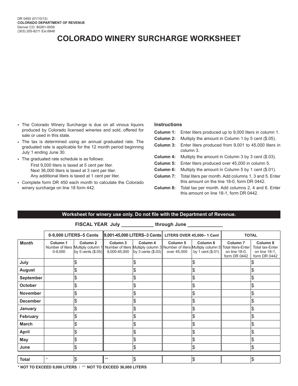 Form DR0450 Colorado Winery Surcharge Worksheet - Colorado, Page 1