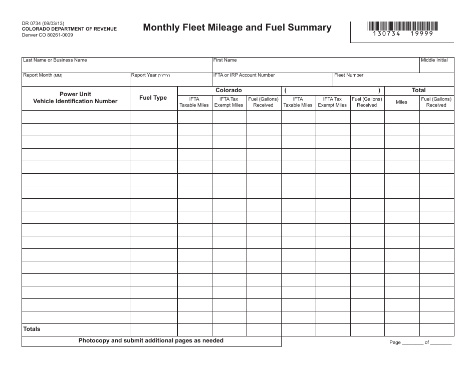 Form DR0734 Monthly Fleet Mileage and Fuel Summary - Colorado, Page 1
