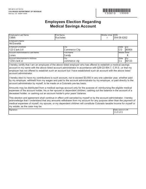 Form DR0810 Employees Election Regarding Medical Savings Account - Colorado