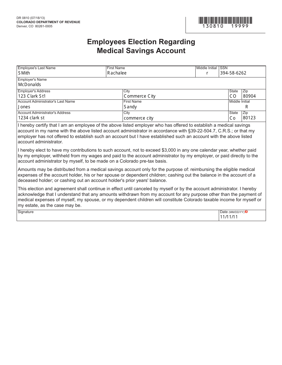 Form DR0810 Employees Election Regarding Medical Savings Account - Colorado, Page 1