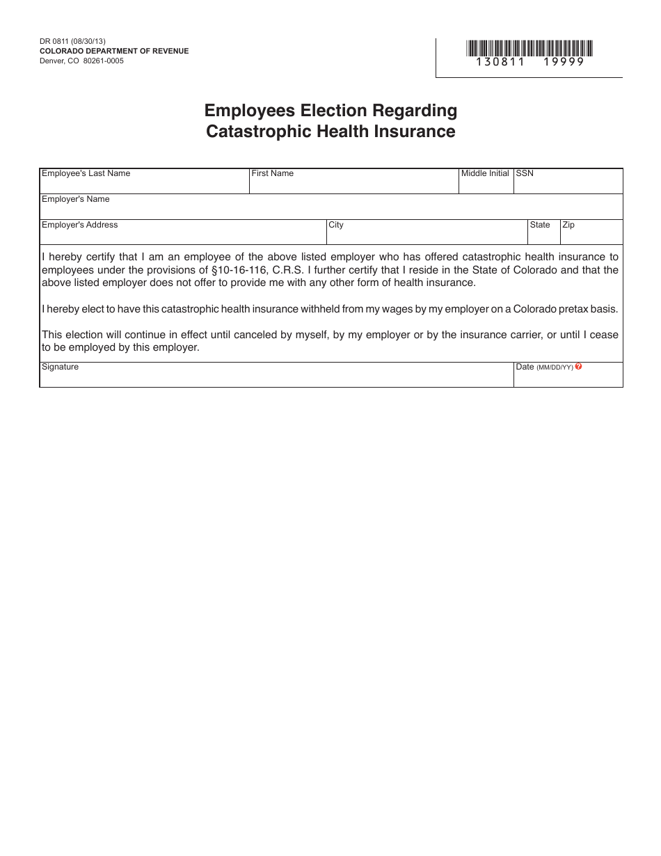 Form DR0811 Employees Election Regarding Catastrophic Health Insurance - Colorado, Page 1