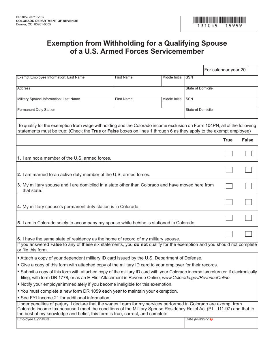 Form DR1059 Exemption From Withholding for a Qualifying Spouse of a U.S. Armed Forces Servicemember - Colorado, Page 1