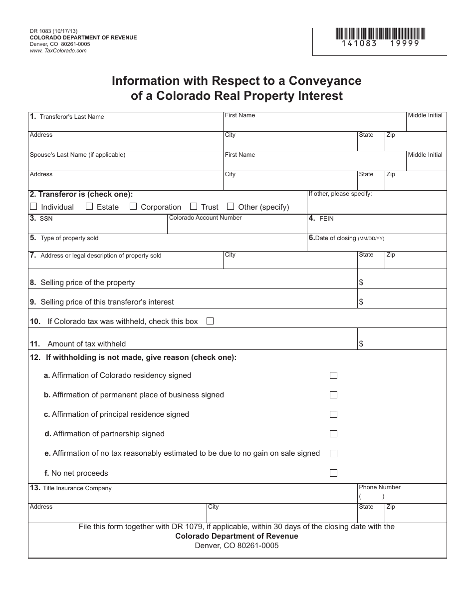Form DR1083 Information With Respect to a Conveyance of a Colorado Real Property Interest - Colorado, Page 1