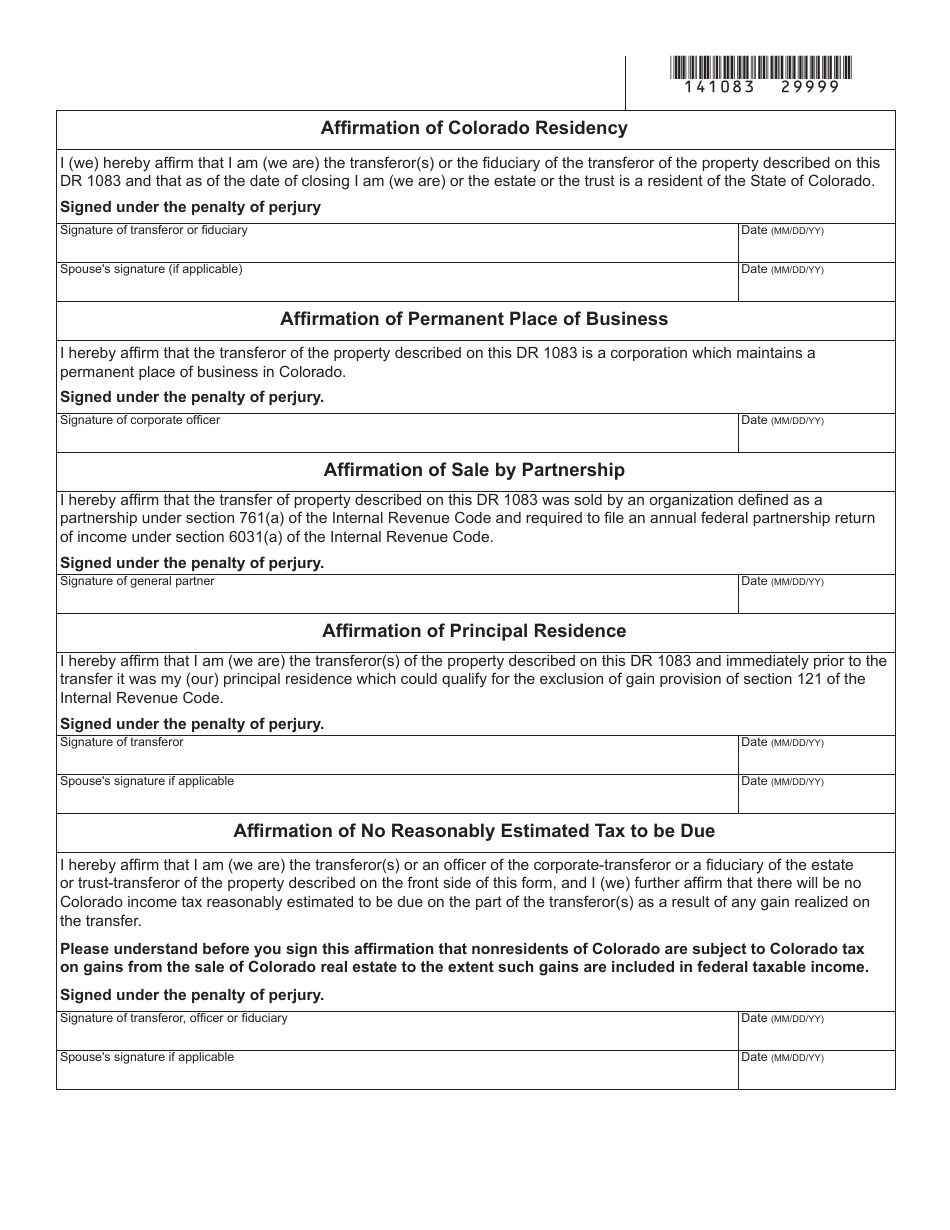 Form DR1083 Information With Respect to a Conveyance of a Colorado Real Property Interest - Colorado, Page 2
