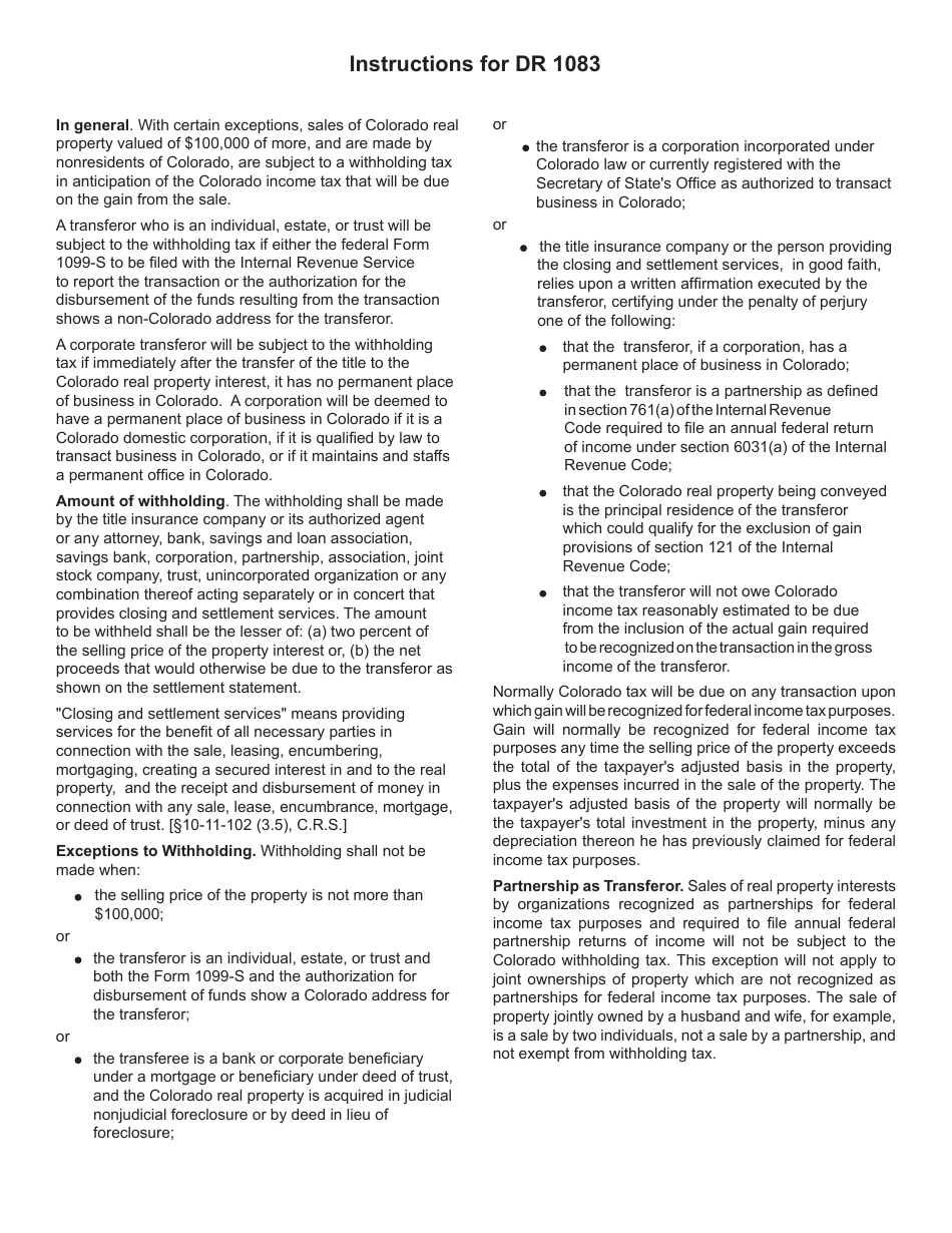 Form DR1083 Information With Respect to a Conveyance of a Colorado Real Property Interest - Colorado, Page 3