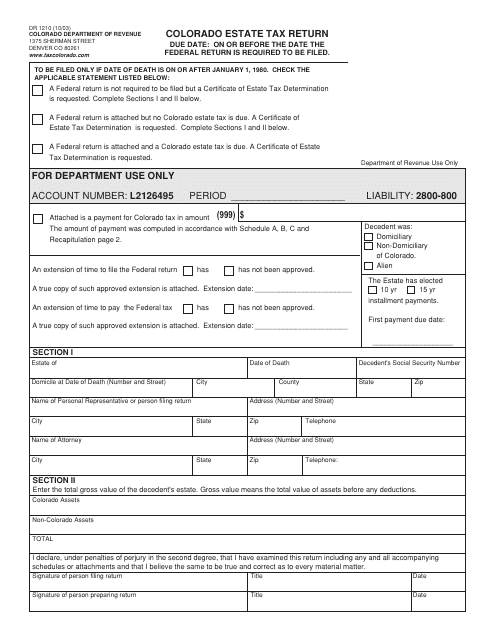 Form DR1210 Colorado Estate Tax Return - Colorado