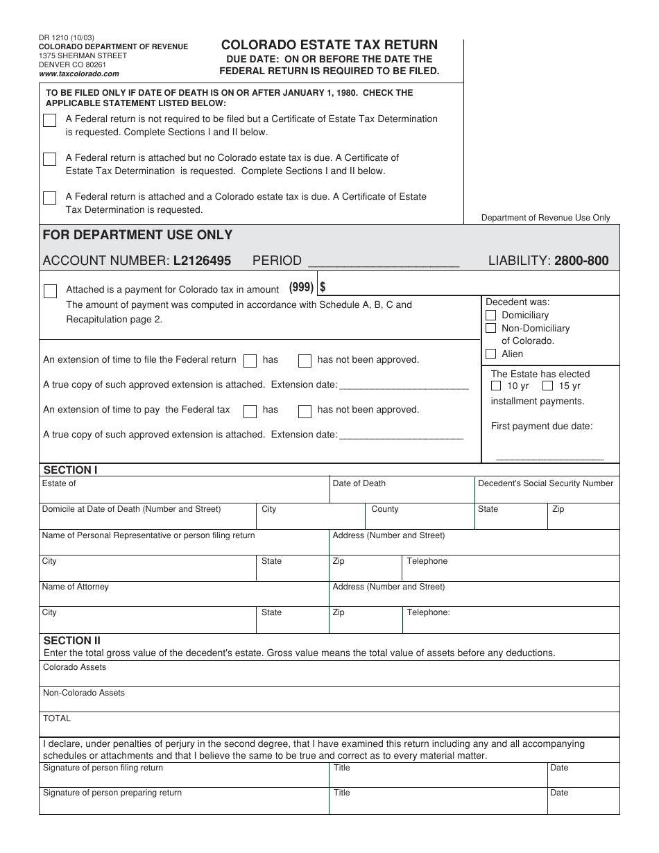 Form DR1210 Colorado Estate Tax Return - Colorado, Page 1