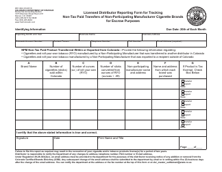 Form DR1284 Licensed Distributor Reporting Form for Tracking Non-tax Paid Transfers of Non-participating Manufacturer Cigarette Brands for Escrow Purposes - Colorado