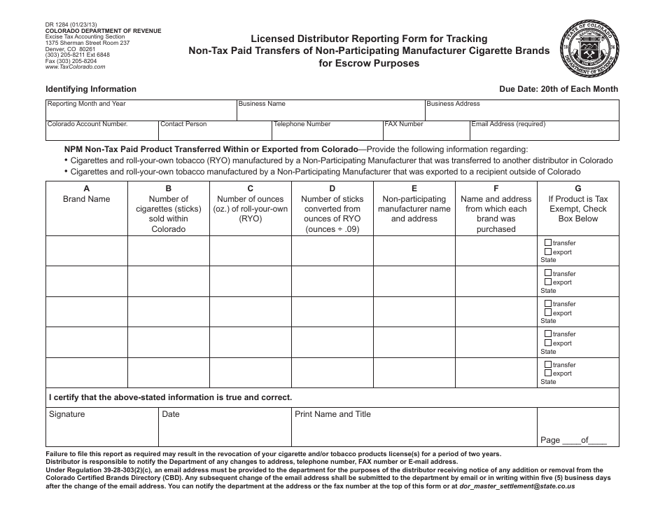 Form DR1284 Licensed Distributor Reporting Form for Tracking Non-tax Paid Transfers of Non-participating Manufacturer Cigarette Brands for Escrow Purposes - Colorado, Page 1
