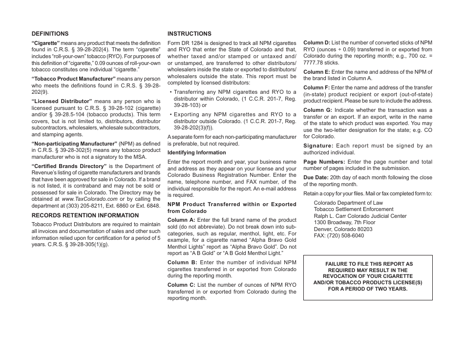 Form DR1284 Licensed Distributor Reporting Form for Tracking Non-tax Paid Transfers of Non-participating Manufacturer Cigarette Brands for Escrow Purposes - Colorado, Page 3