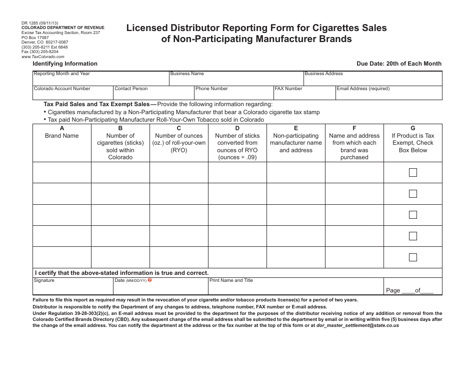 Form DR1285 Licensed Distributor Reporting Form for Cigarettes Sales of Non-participating Manufacturer Brands - Colorado, Page 1