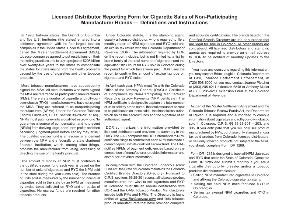 Form DR1285 Licensed Distributor Reporting Form for Cigarettes Sales of Non-participating Manufacturer Brands - Colorado, Page 2
