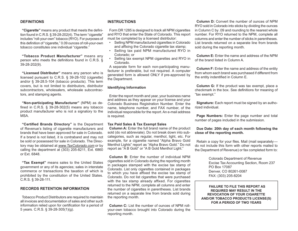 Form DR1285 Licensed Distributor Reporting Form for Cigarettes Sales of Non-participating Manufacturer Brands - Colorado, Page 3