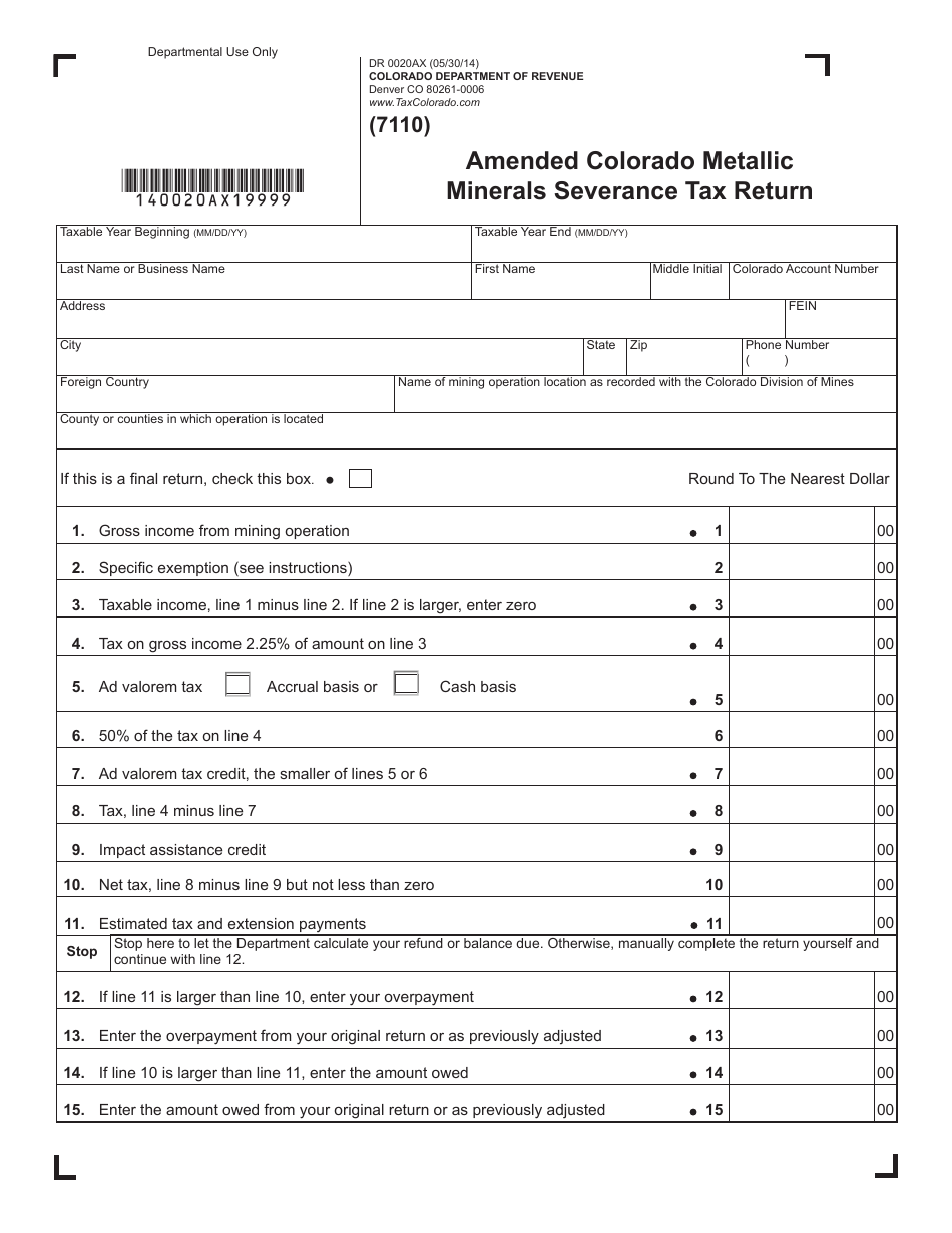Form DR0020AX Amended Colorado Metallic Minerals Severance Tax Return - Colorado, Page 1