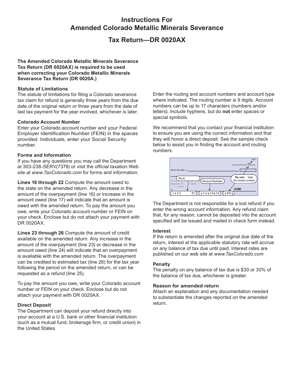 Form DR0020AX Amended Colorado Metallic Minerals Severance Tax Return - Colorado, Page 3