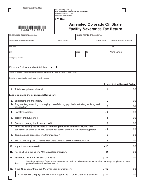Form DR0020EX Amended Colorado Oil Shale Facility Severance Tax Return - Colorado