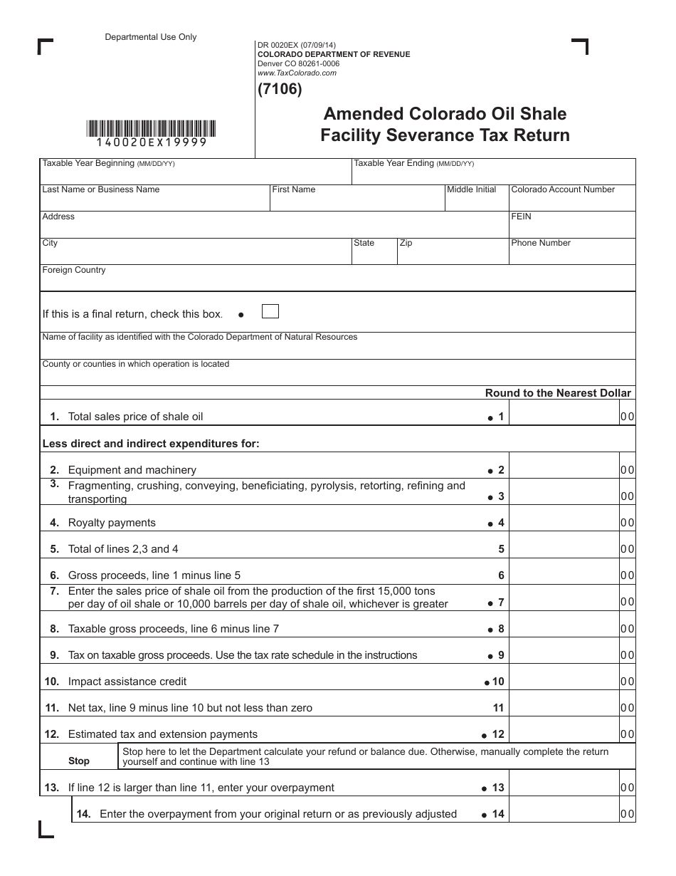 Form DR0020EX Amended Colorado Oil Shale Facility Severance Tax Return - Colorado, Page 1