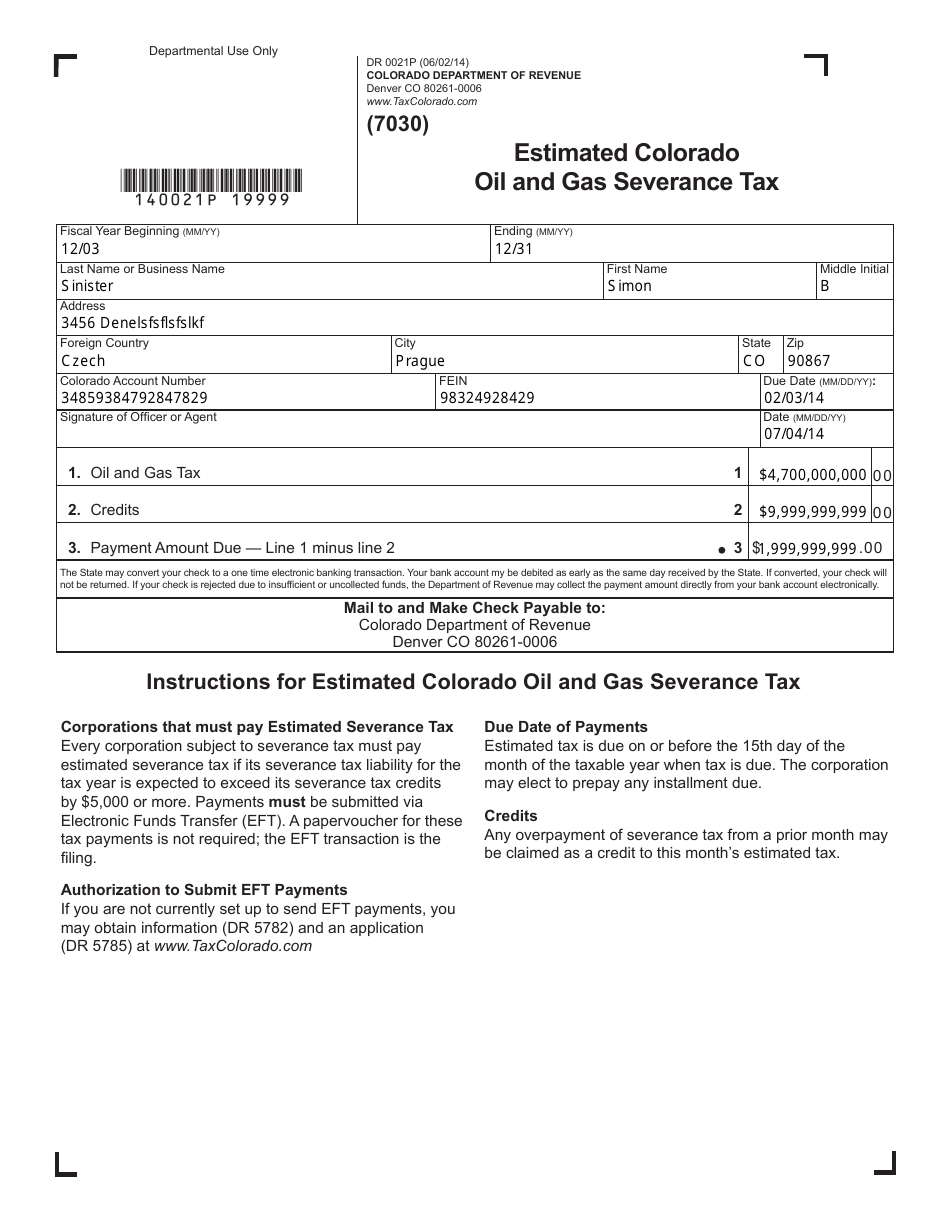 Form DR0021P Estimated Colorado Oil and Gas Severance Tax - Colorado, Page 1