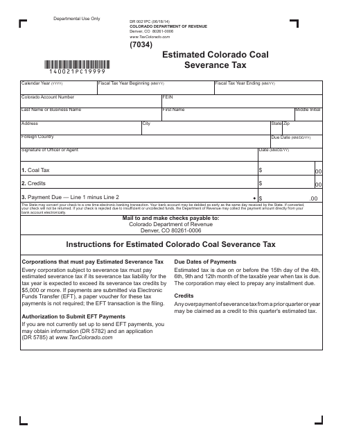 Form DR0021PC Estimated Colorado Coal Severance Tax - Colorado