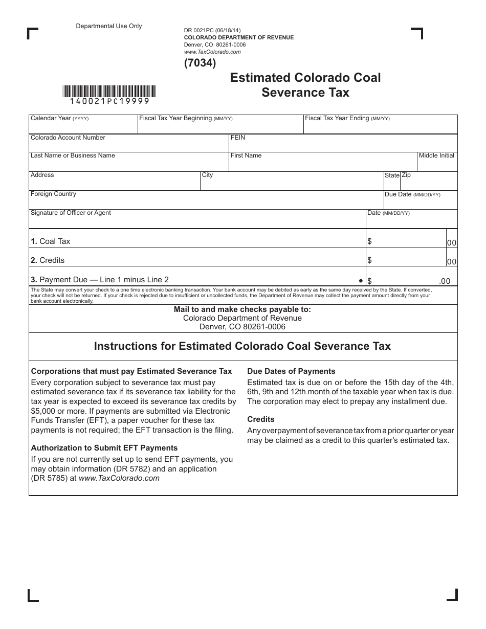Form DR0021PC Estimated Colorado Coal Severance Tax - Colorado, Page 1