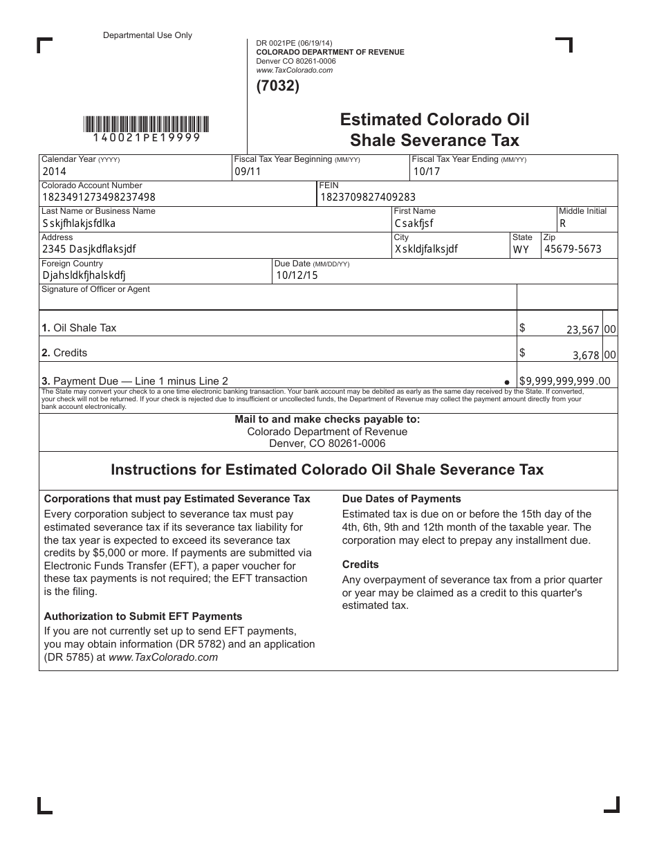 Form DR0021PE Estimated Colorado Oil Shale Severance Tax - Colorado, Page 1