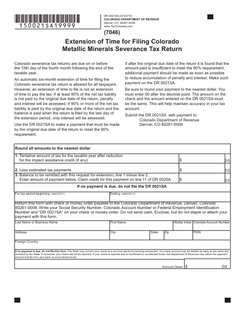 Form DR0021SA Extension of Time for Filing Colorado Metallic Minerals Severance Tax Return - Colorado