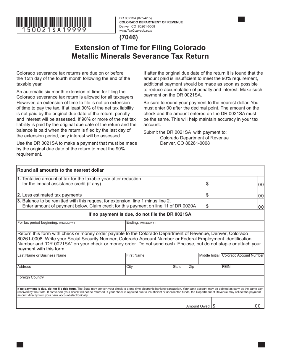 Form DR0021SA Extension of Time for Filing Colorado Metallic Minerals Severance Tax Return - Colorado, Page 1
