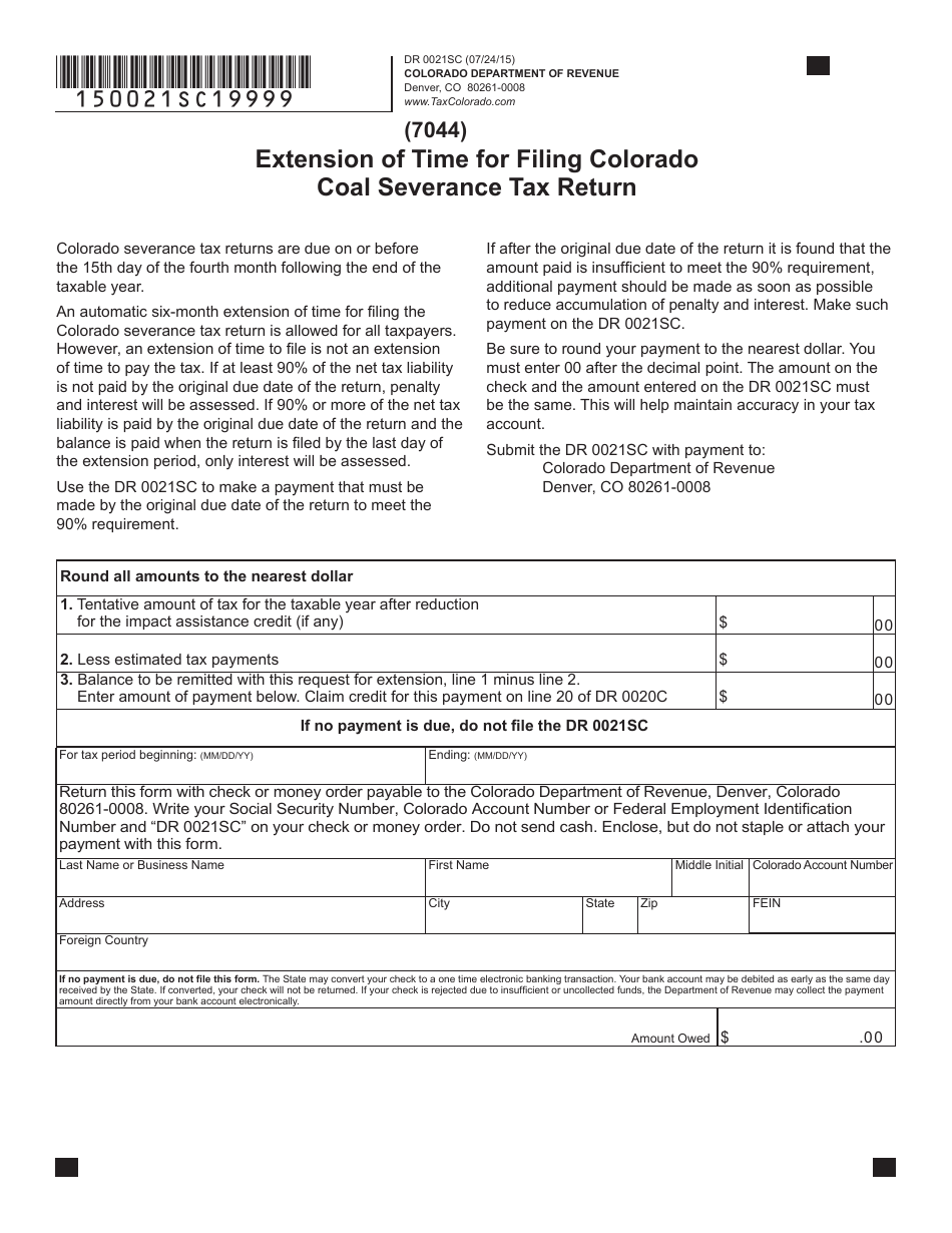 Form DR0021SC Extension of Time for Filing Colorado Coal Severance Tax Return - Colorado, Page 1