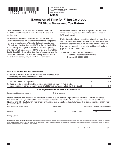 Form DR0021SE Extension of Time for Filing Colorado Oil Shale Severance Tax Return - Colorado