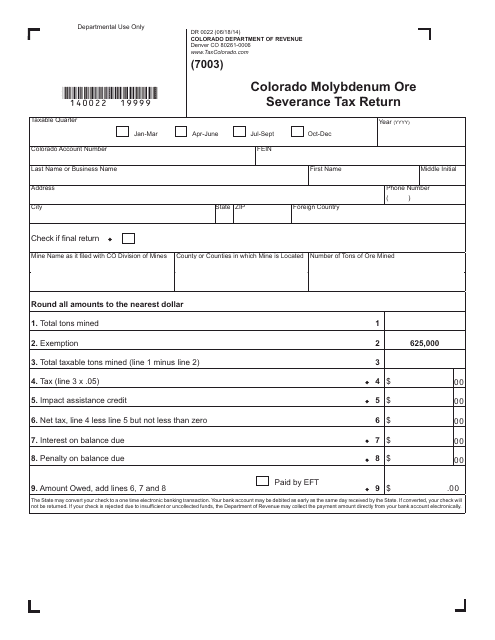 Form DR0022 Colorado Molybdenum Ore Severance Tax Return - Colorado