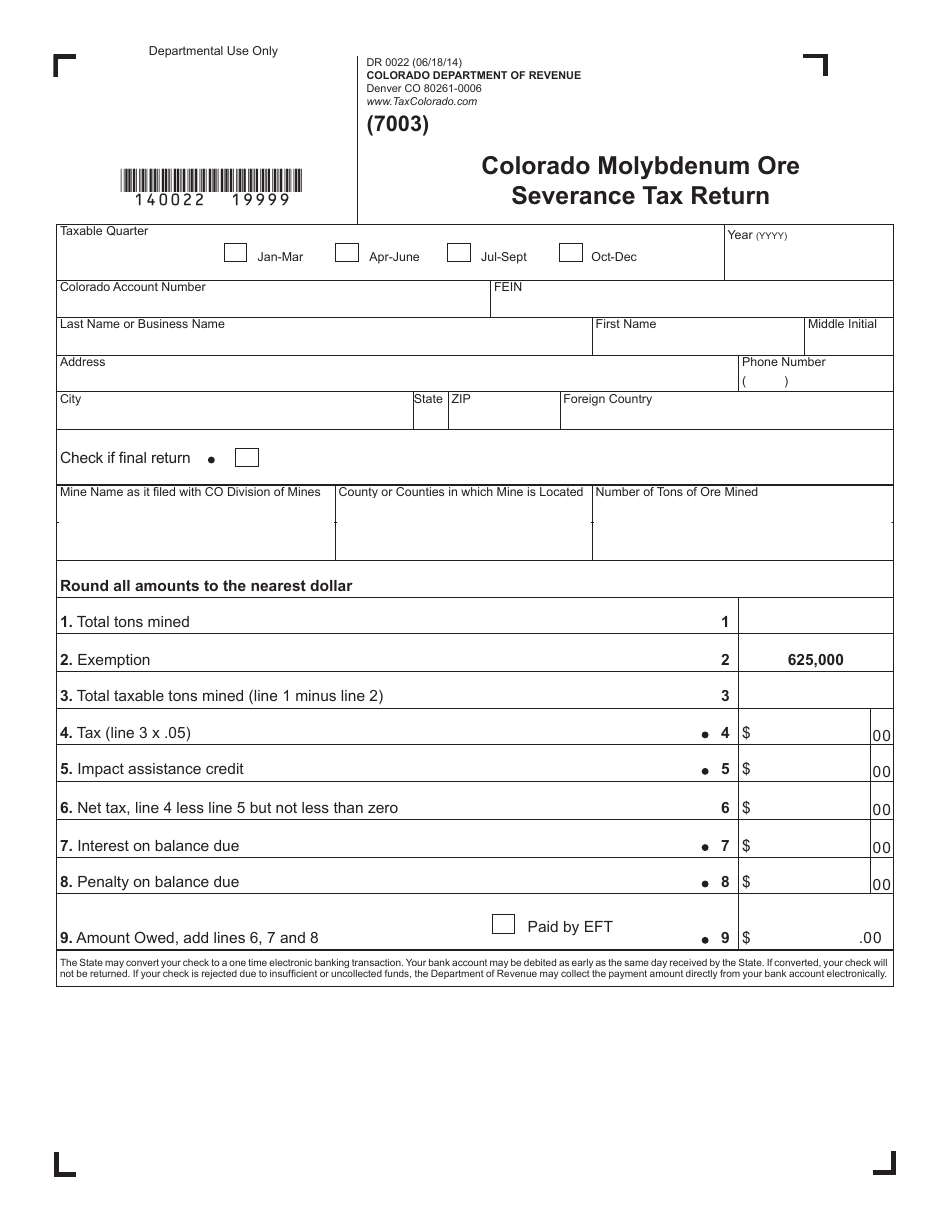 Form DR0022 Colorado Molybdenum Ore Severance Tax Return - Colorado, Page 1