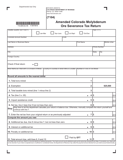 Form DR0022X Amended Colorado Molybdenum Ore Severance Tax Return - Colorado