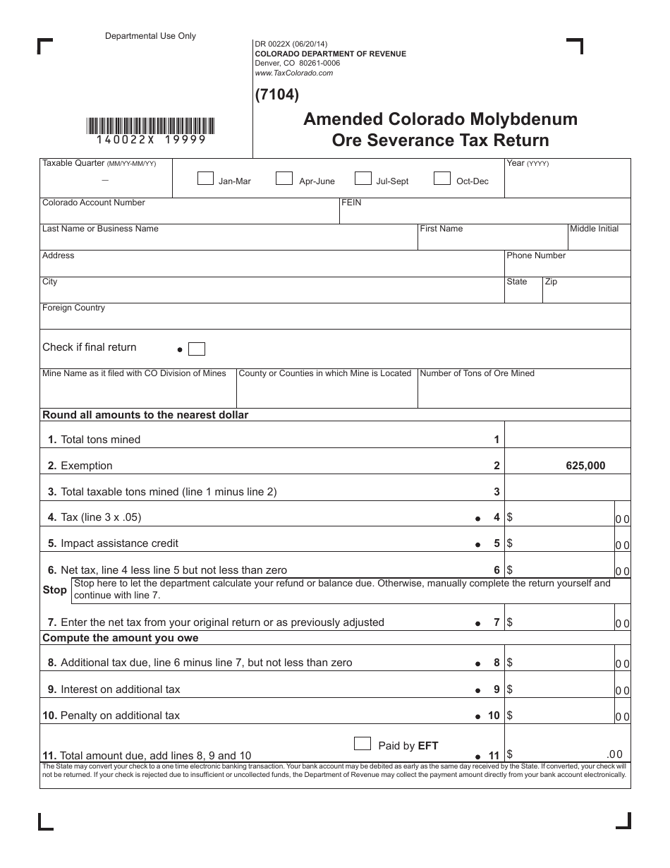 Form DR0022X Amended Colorado Molybdenum Ore Severance Tax Return - Colorado, Page 1