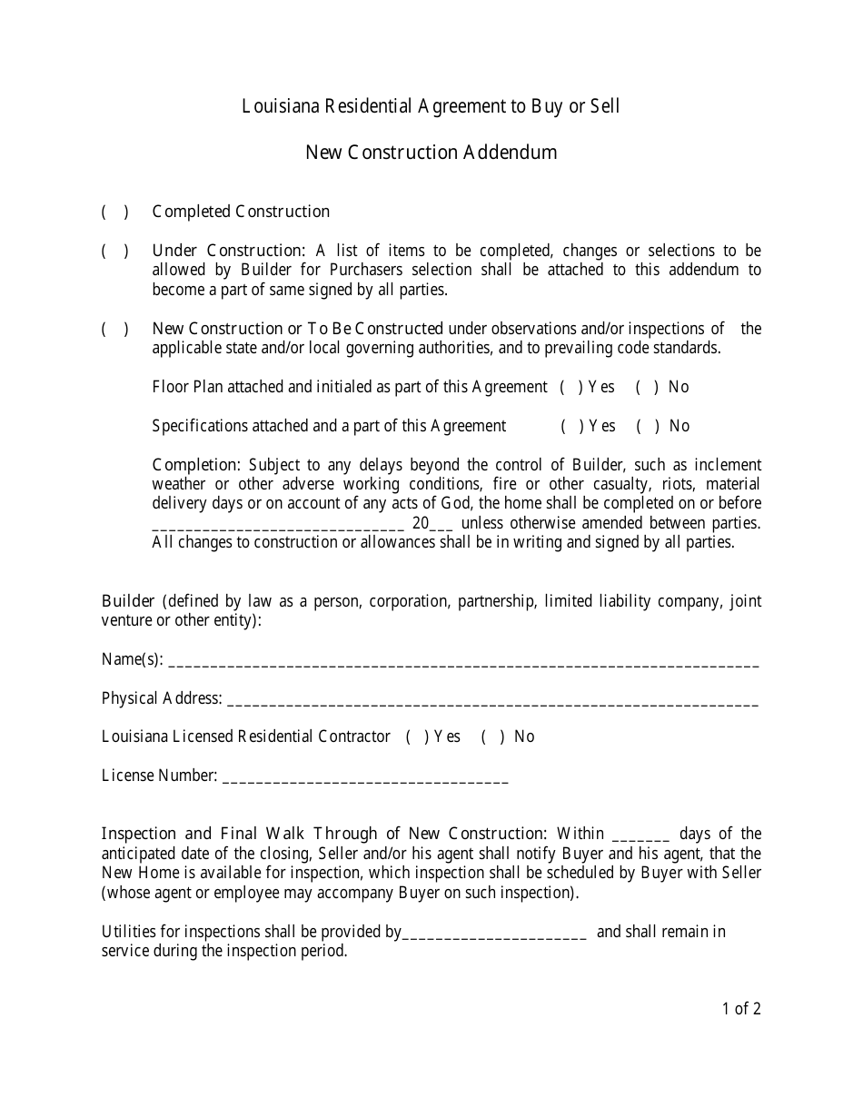 Louisiana Residential Agreement to Buy or Sell - New Construction Addendum - Louisiana, Page 1