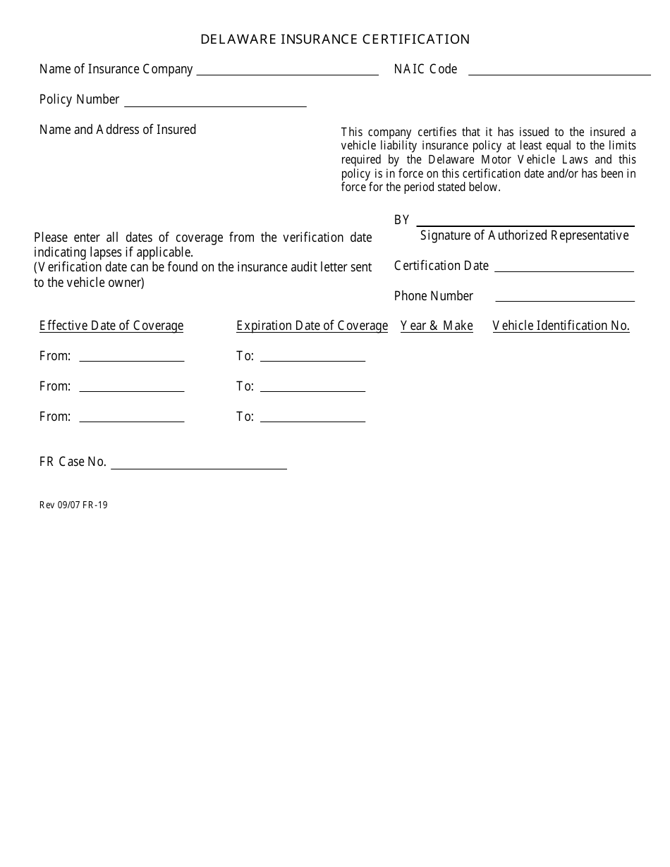 Form FR-19 Delaware Insurance Certification - Delaware, Page 1