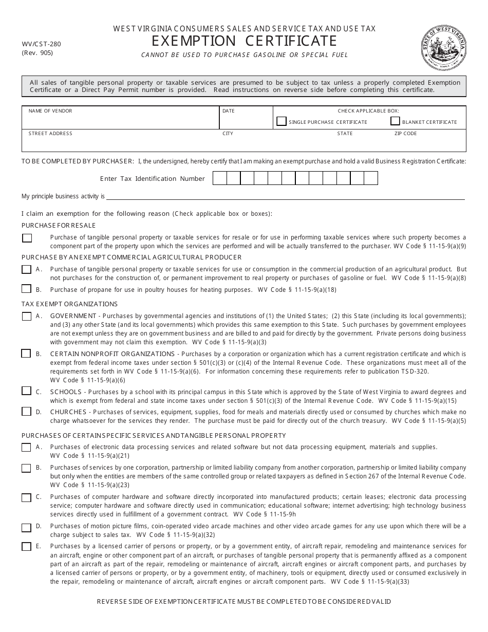 Form WV / CST-280 Exemption Certificate - West Virginia, Page 1