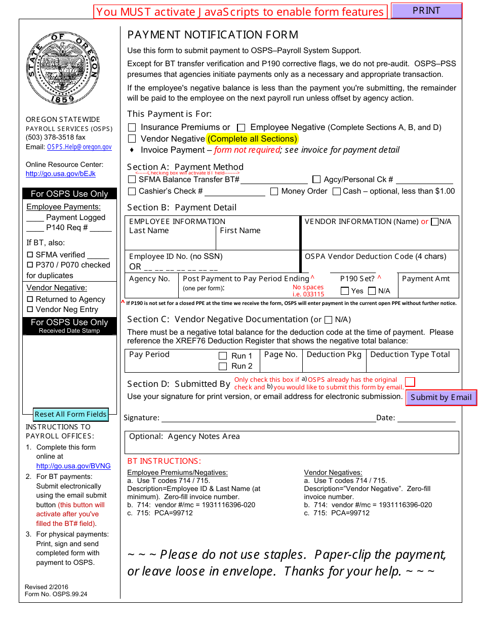 Form OSPS.99.24 Payment Notification Form - Oregon, Page 1