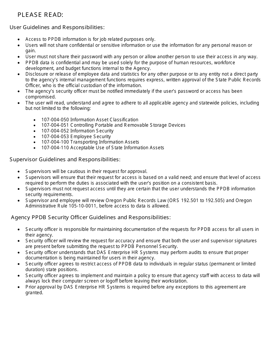 Oregon Position & Personnel Data Base (Ppdb) Security Access Request