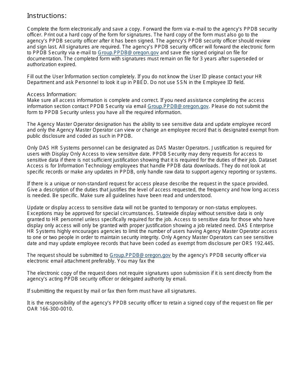 Oregon Position & Personnel Data Base (Ppdb) Security Access Request