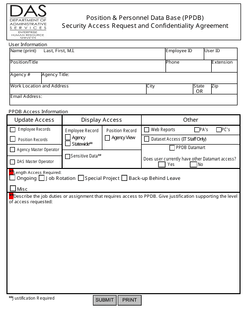 Position &amp; Personnel Data Base (Ppdb) Security Access Request and Confidentiality Agreement Form - Oregon