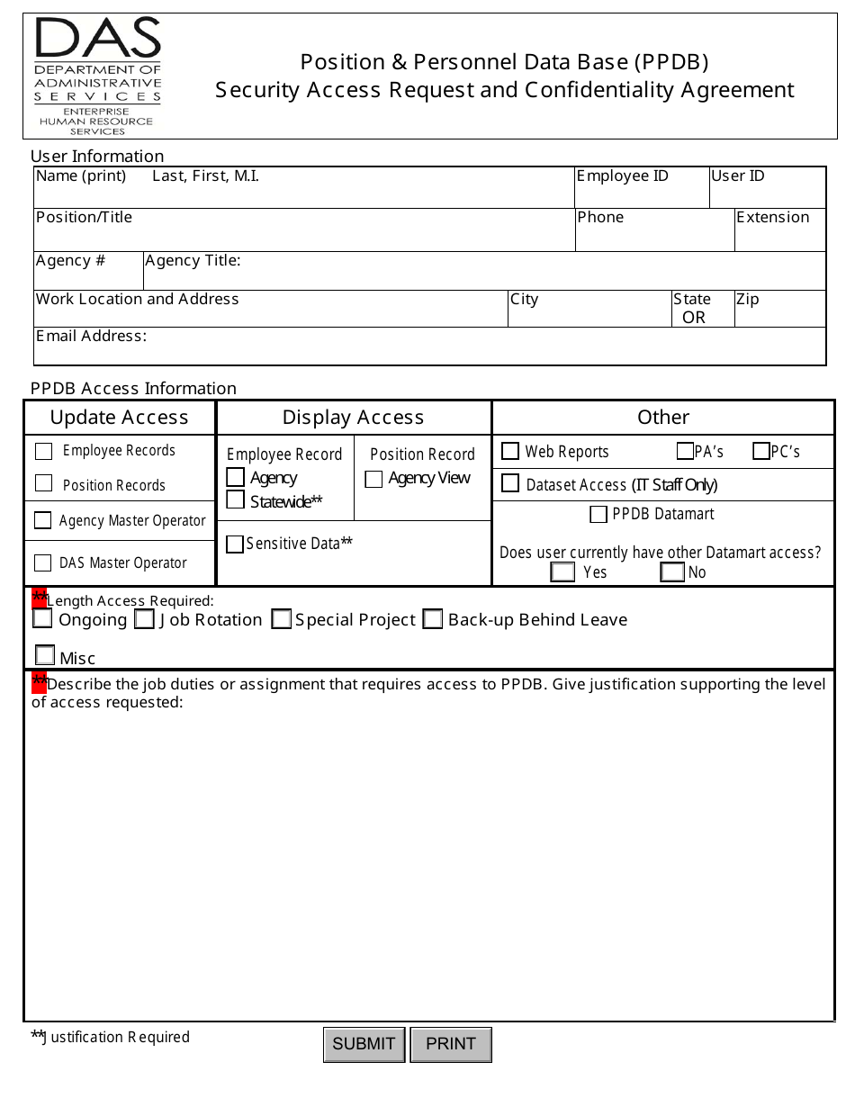 Oregon Position & Personnel Data Base (Ppdb) Security Access Request and Confidentiality