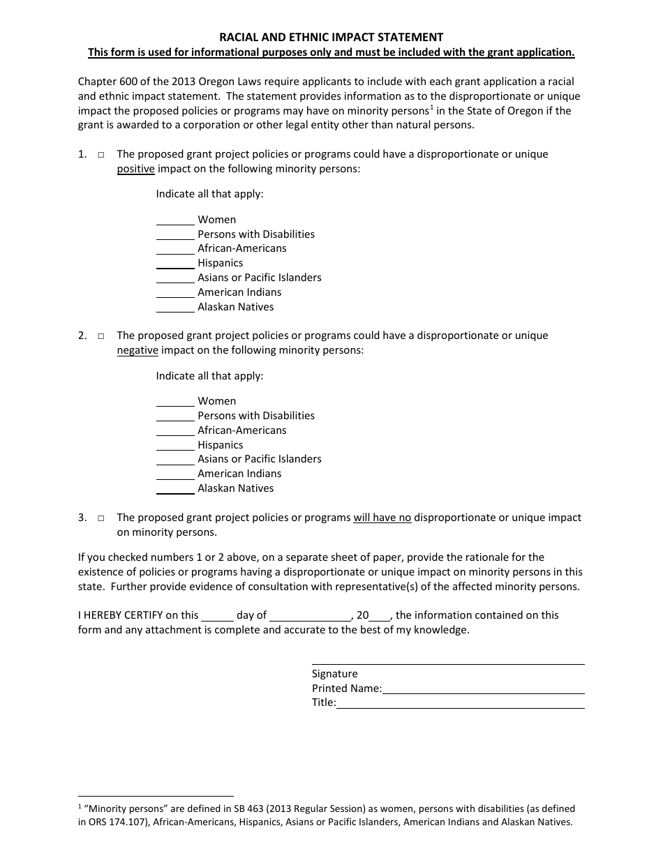 Racial and Ethnic Impact Statement Form - Oregon, Page 1