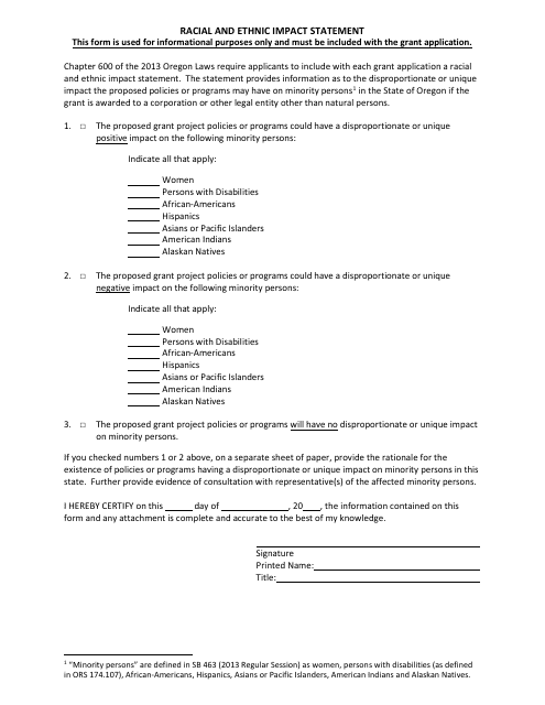 Racial and Ethnic Impact Statement Form - Oregon