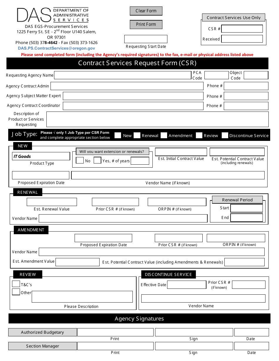 Contract Services Request Form (Csr) - Oregon, Page 1