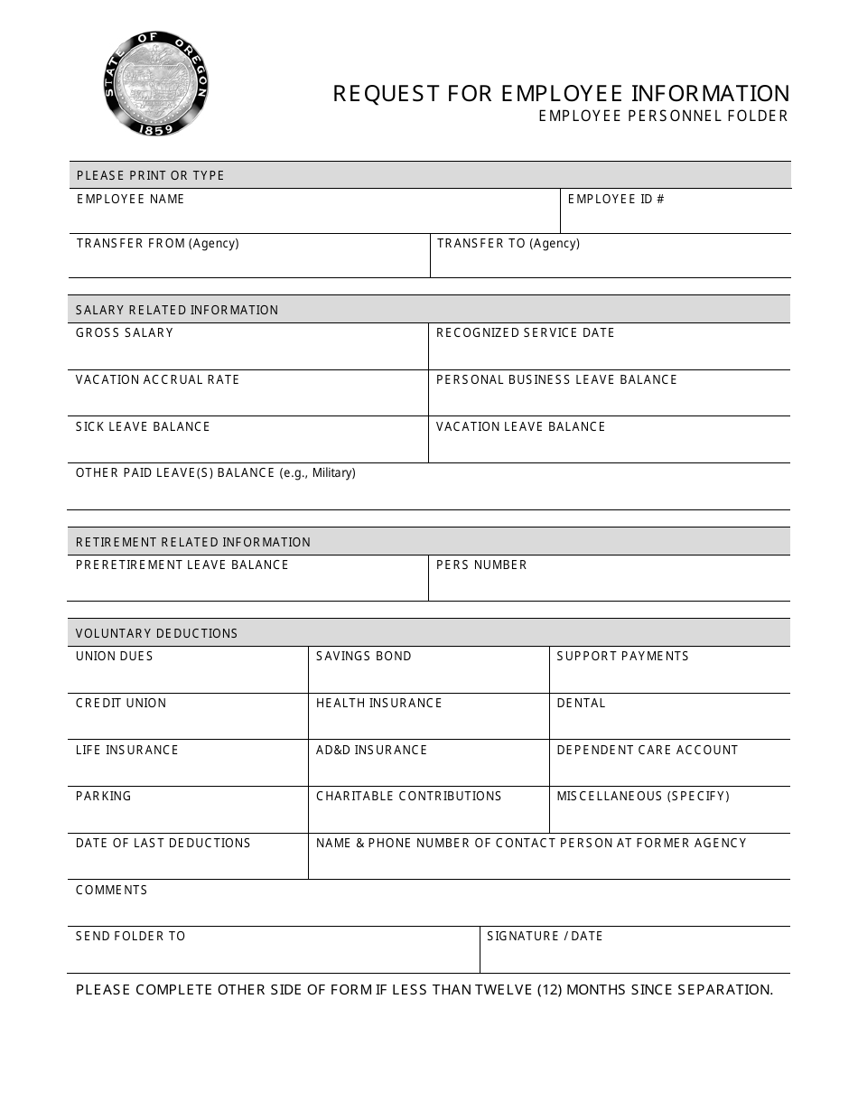 Request for Employee Information - Employee Personnel Folder - Oregon, Page 1