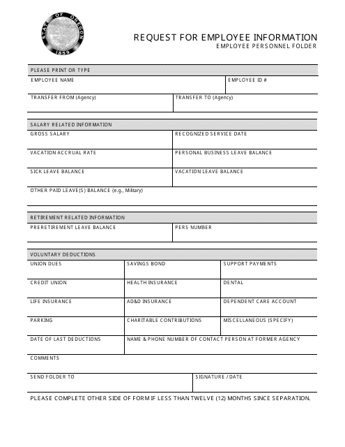 Request for Employee Information - Employee Personnel Folder - Oregon