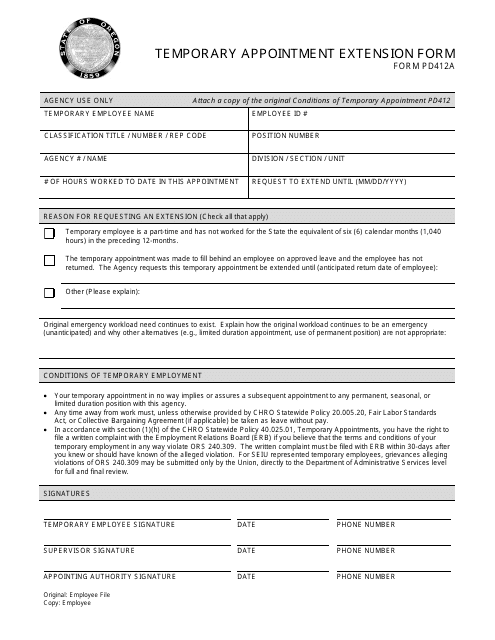 Form PD412A Temporary Appointment Extension Form - Oregon