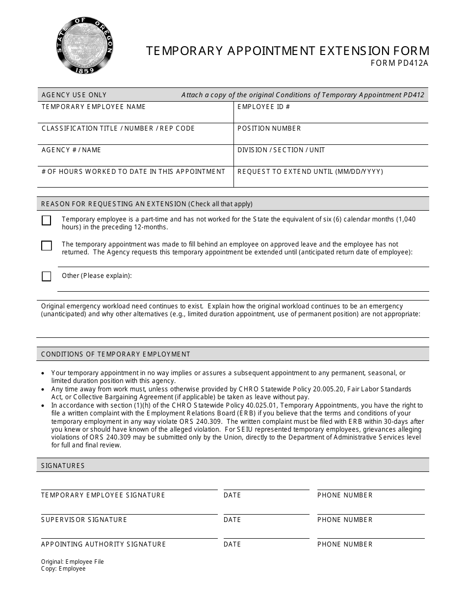 Form PD412A Temporary Appointment Extension Form - Oregon, Page 1