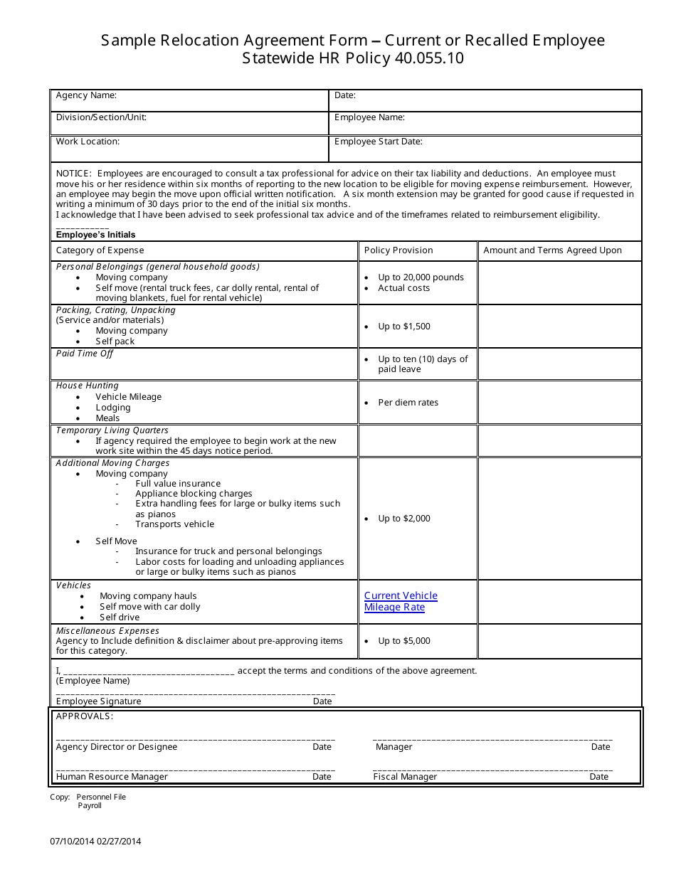 Relocation Agreement Form - Current or Recalled Employee Statewide HR Policy 40.055.10 - Sample - Oregon, Page 1